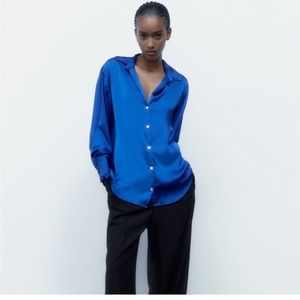 Zara Satin Button down blue shirt size L